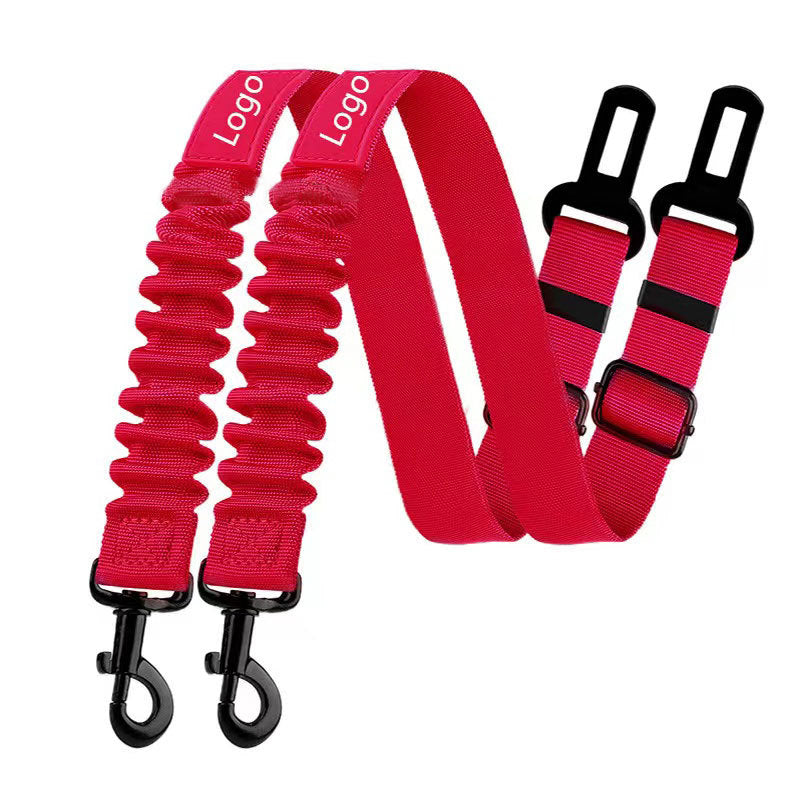 Dog car safety lead clipped to back seat belt for secure travel