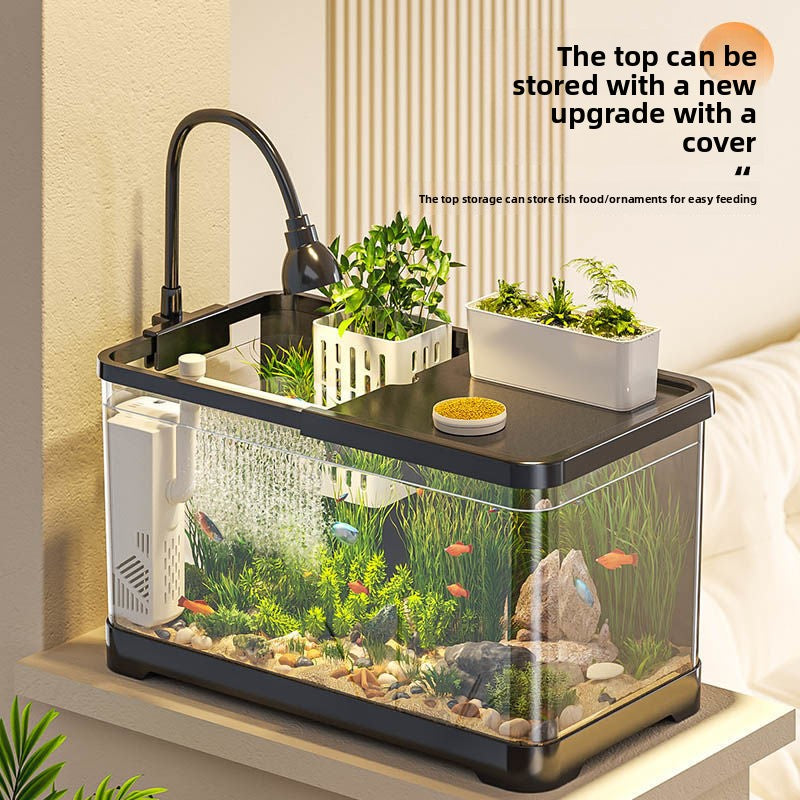 Small desktop plastic fish tank with clear cover and air pump, view 1