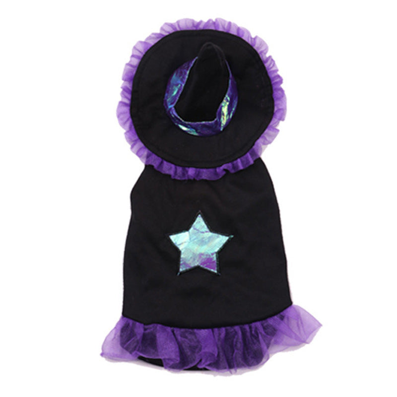 Purple wizard Halloween costume for dogs and cats in Purple, showing size and shape