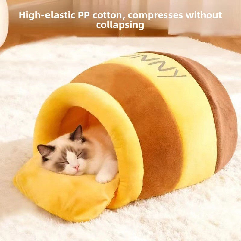 Honey jar shaped yellow flannel cat bed, product image 2