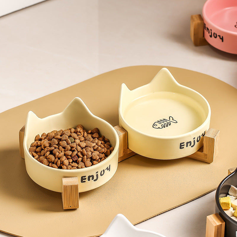 Anti-Spill Ceramic Pet Bowl with Wooden Stand and Cat Ear, Paw or Fish Bone Design