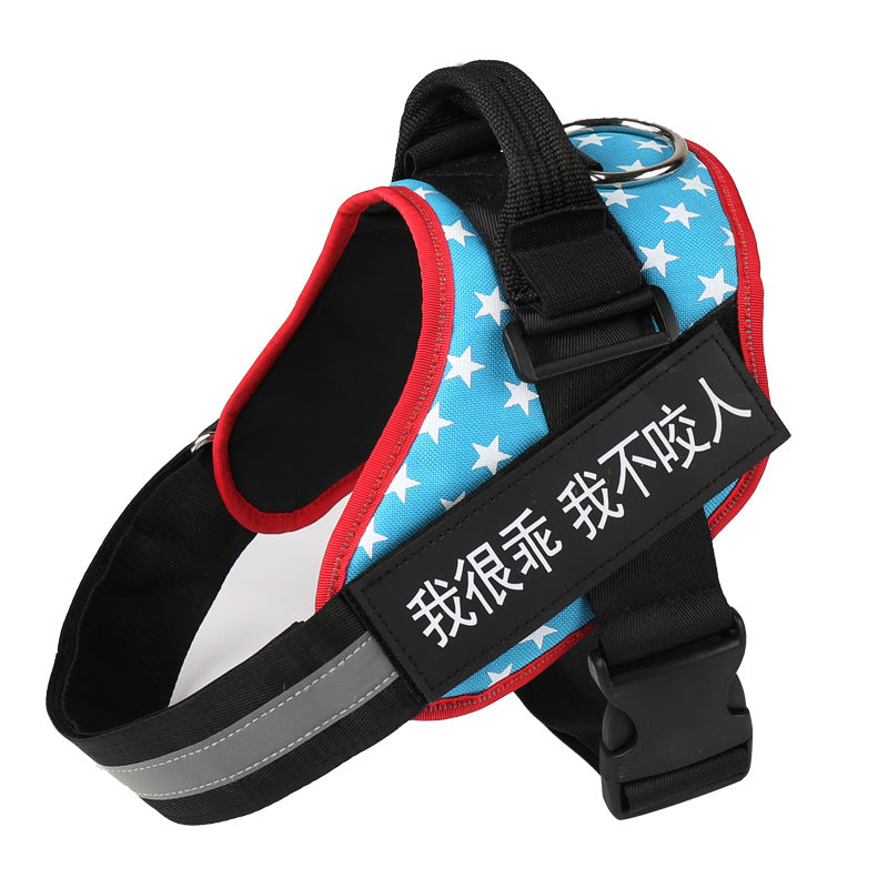 Padded dog harnesses in plain, star and camo designs