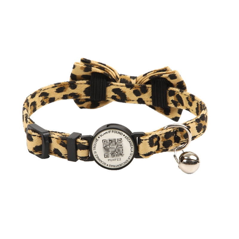 Leopard print cotton cat collar with QR code ID tag, product image 3