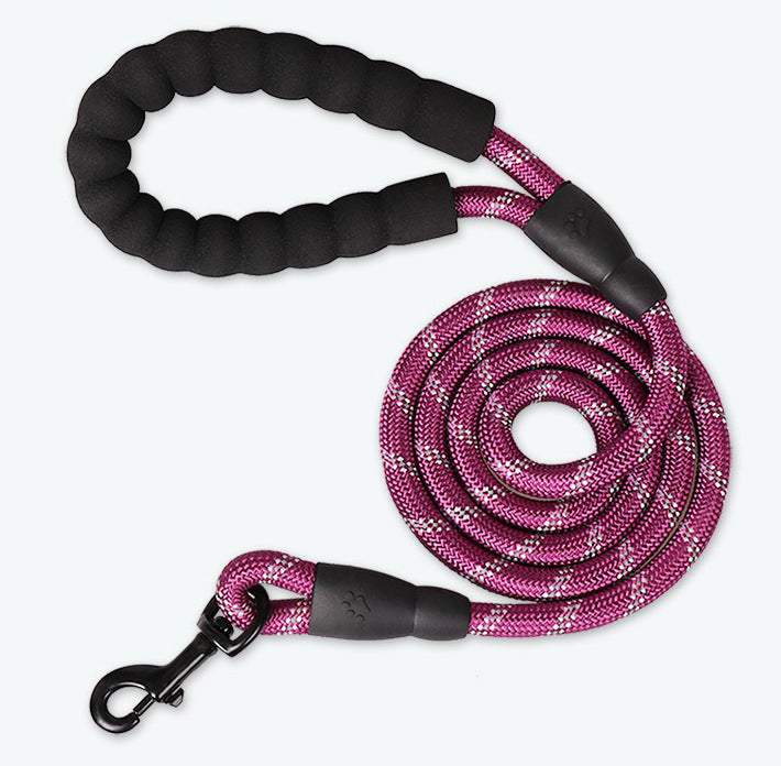Reflective nylon dog lead in fluorescent green on a walk