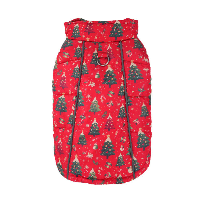 Christmas padded dog vest with reflective trim in Pink, close-up detail