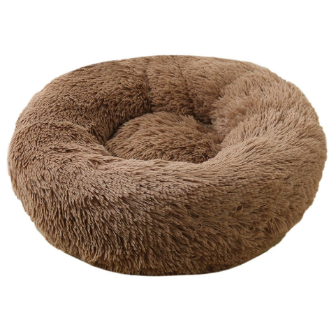 Light grey round long plush pet bed for cats
