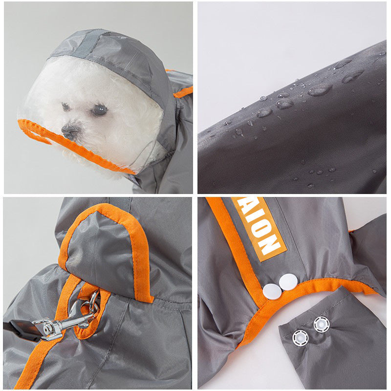 Waterproof four leg dog raincoats in orange and green