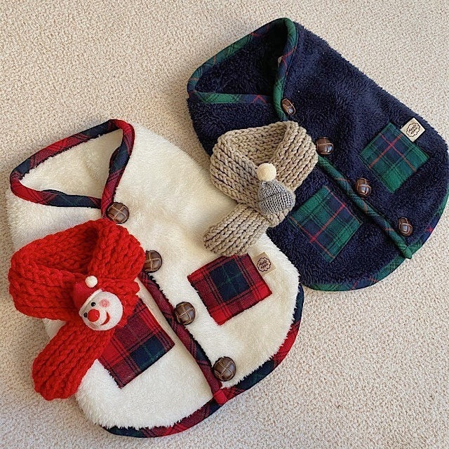 Christmas coral fleece pet vest with matching scarf in Navy Christmas Vest, front view