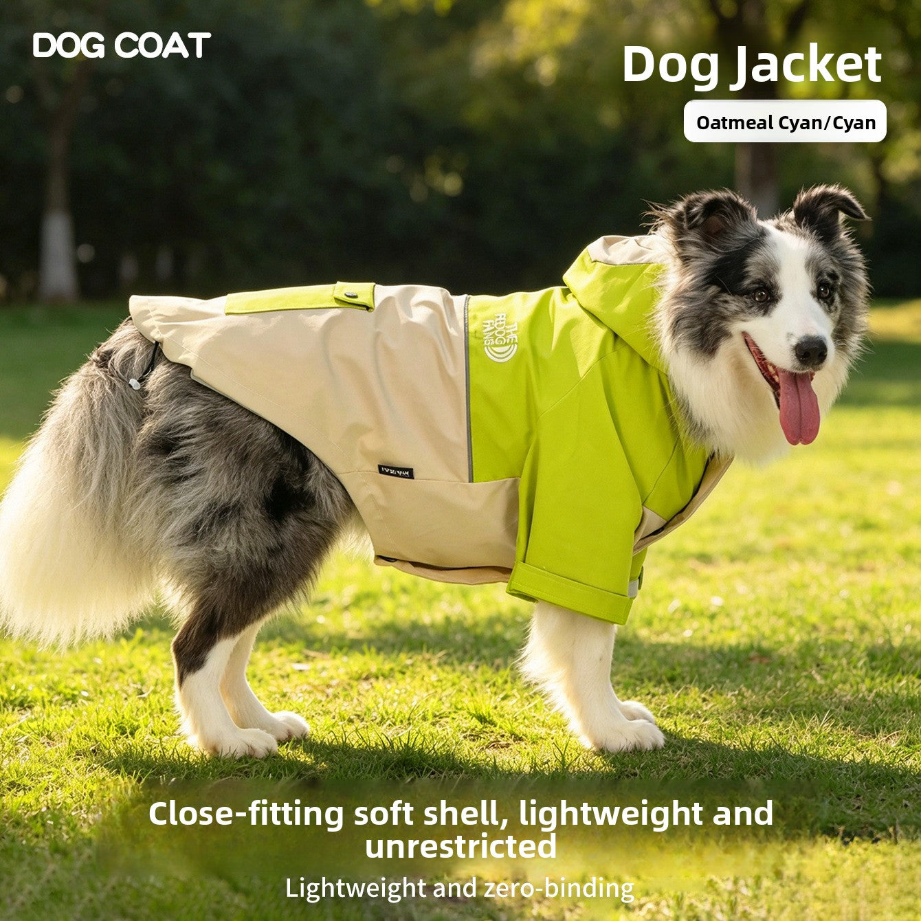 Hooded windproof waterproof dog jackets in lime oatmeal and grey blue