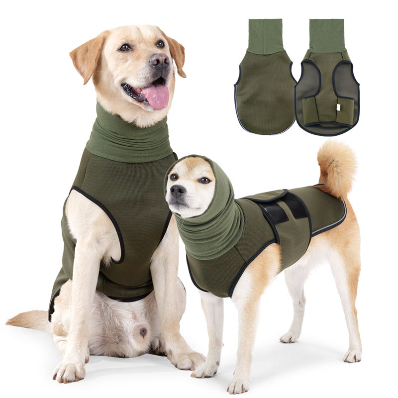 Reflective dog comfort vest with snug fit in Army Green, front view