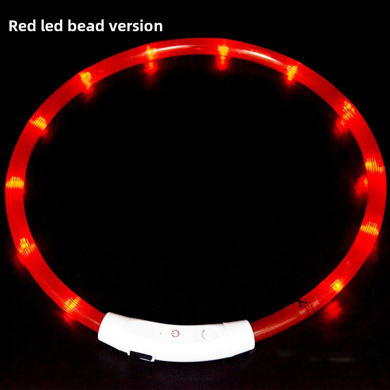 USB rechargeable LED silicone dog collar in White Bead Light, in use with a pet