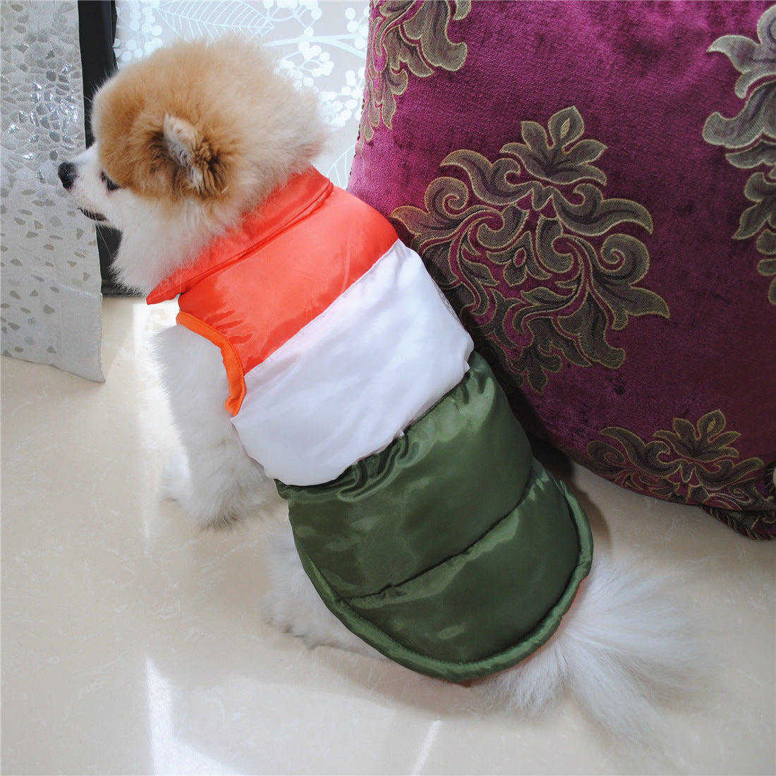 Colour block puffer dog coat with button front in Rose Red, close-up detail