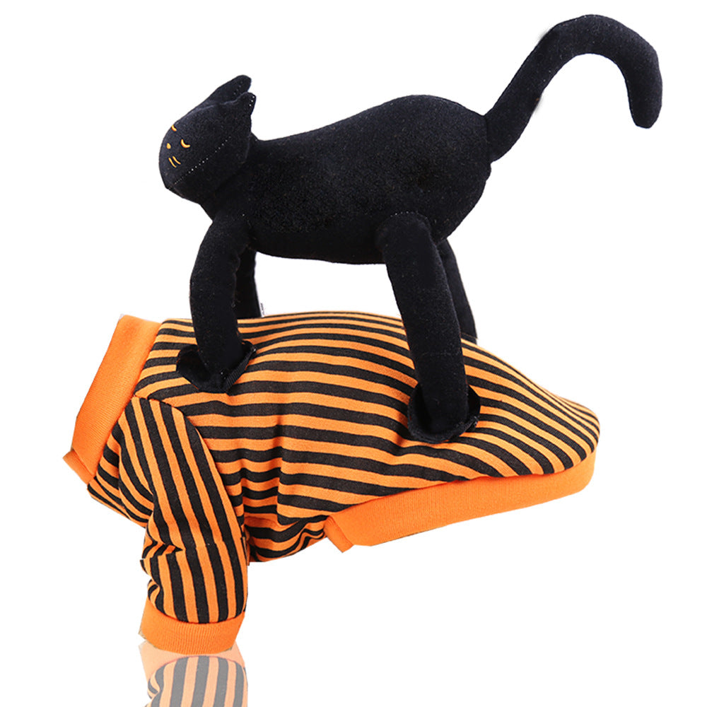 Small dog wearing a standing black cat Halloween costume