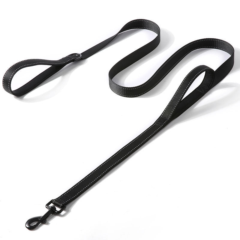 Reflective nylon dog lead with double handle in black