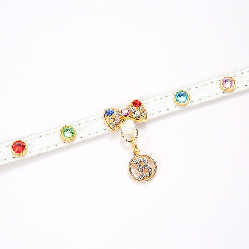 White PU cat collar with sparkly rhinestone bow, product image 5
