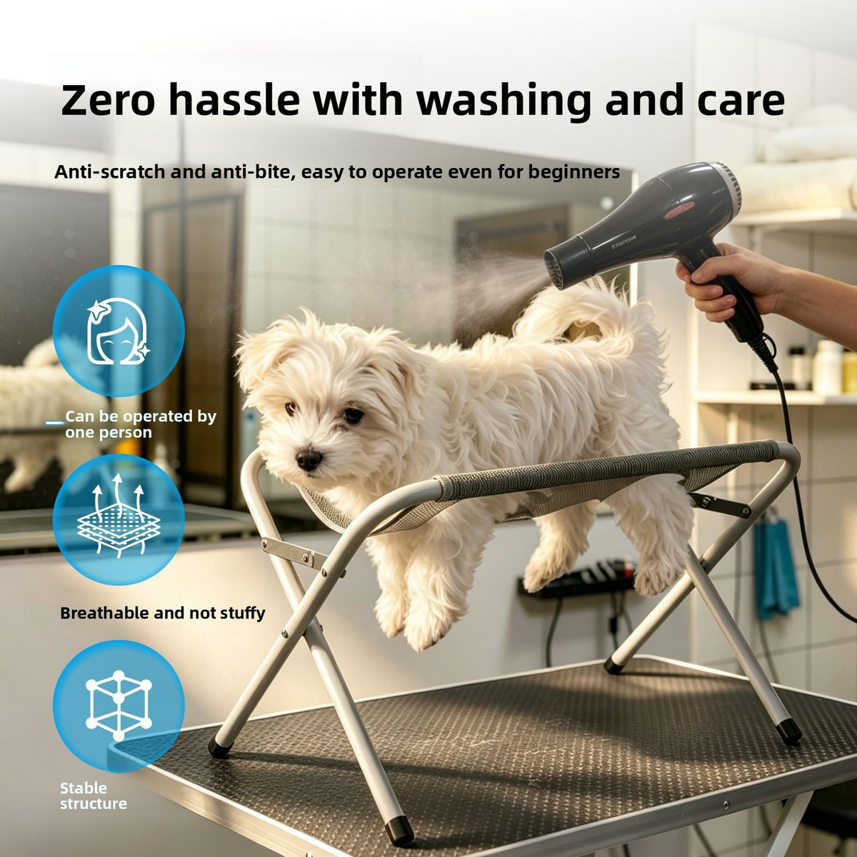 Pet grooming hammock with foldable metal frame, photo 2 of 8