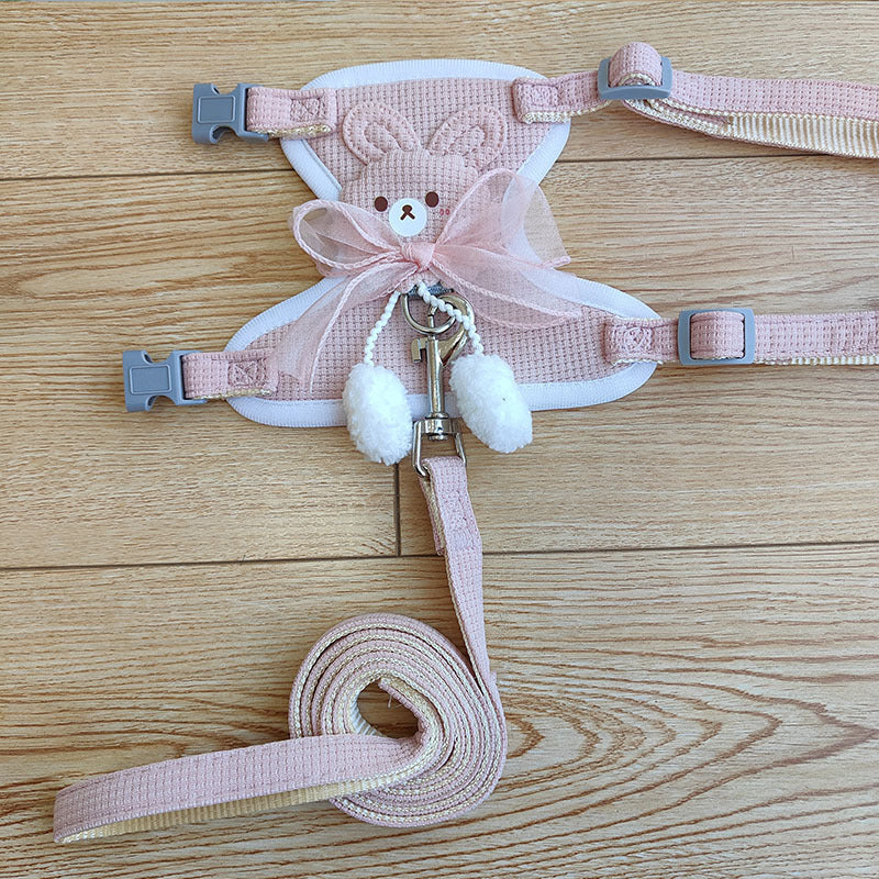 Blue bunny print vest harness and lead set for puppies