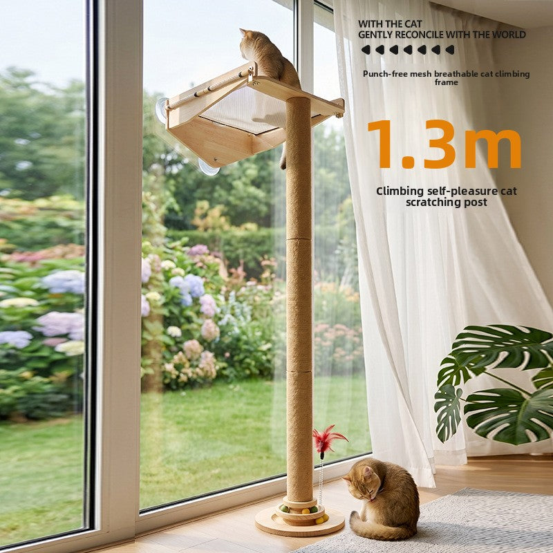 Vertical sisal cat scratching post and climbing frame, close-up detail view