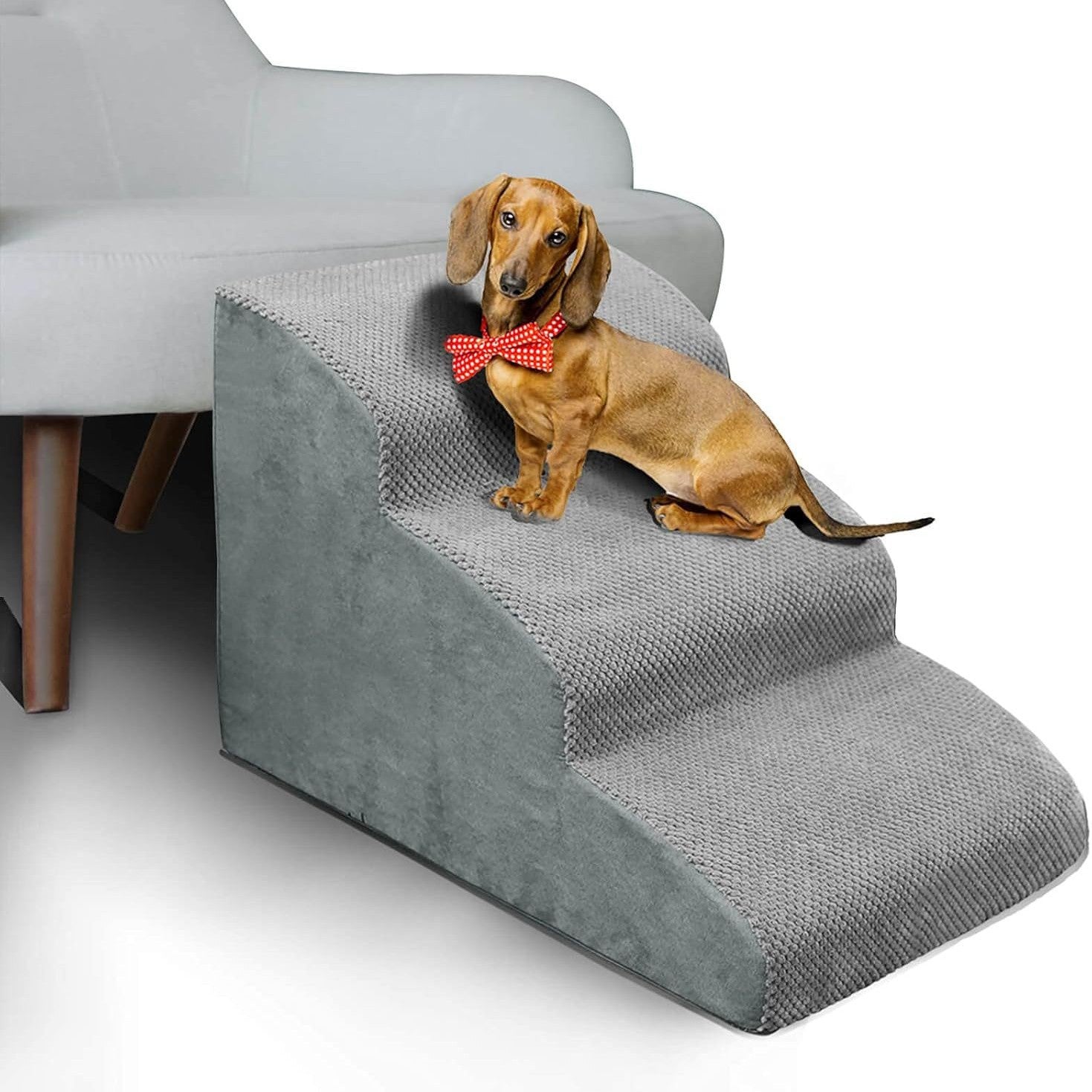 Grey non-slip foam dog stairs beside a sofa with a small Dachshund sitting on top