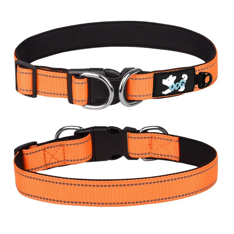 Reflective padded dog collar with locking buckle in Orange Printed, in a home setting