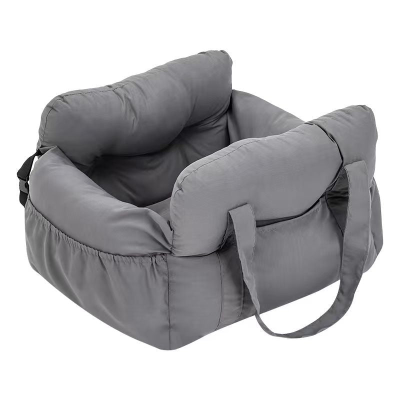 Dark grey padded dog car booster seat bed with strap, view 7