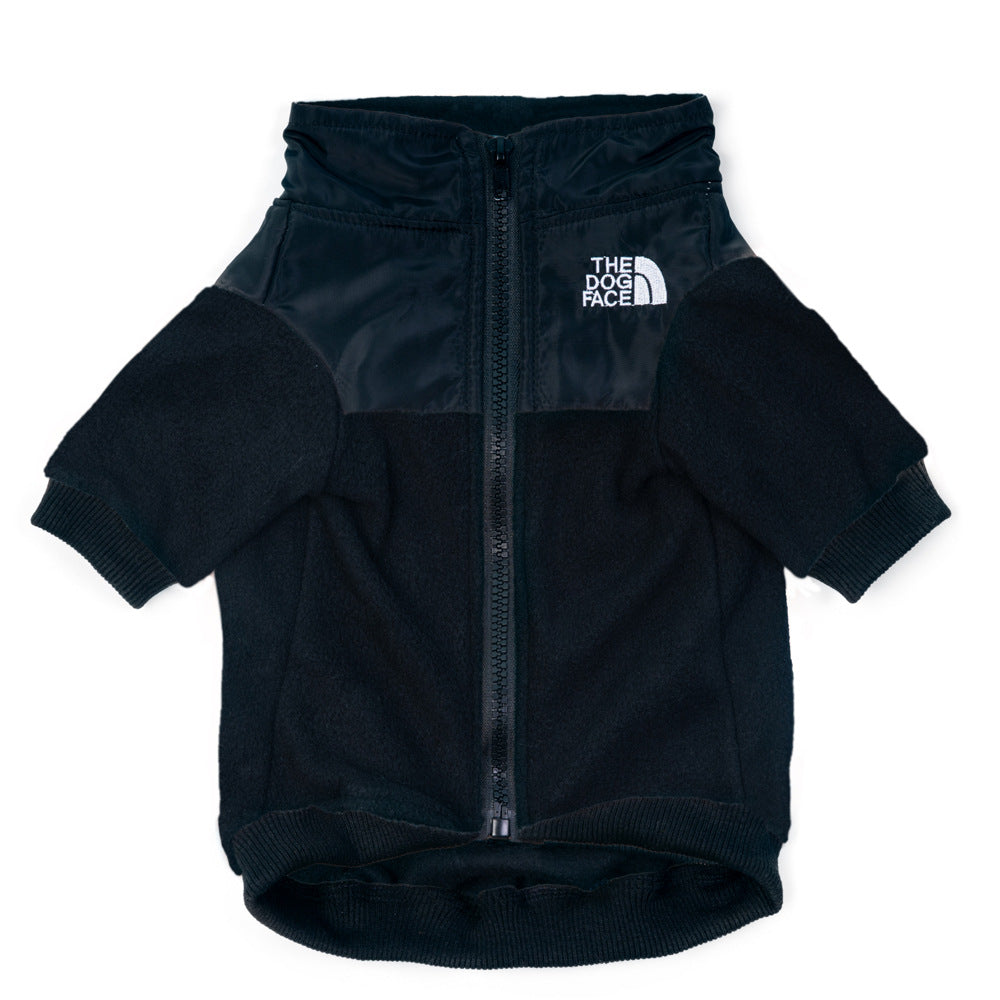 Embroidered fleece two-leg dog jacket in Green, in use with a pet