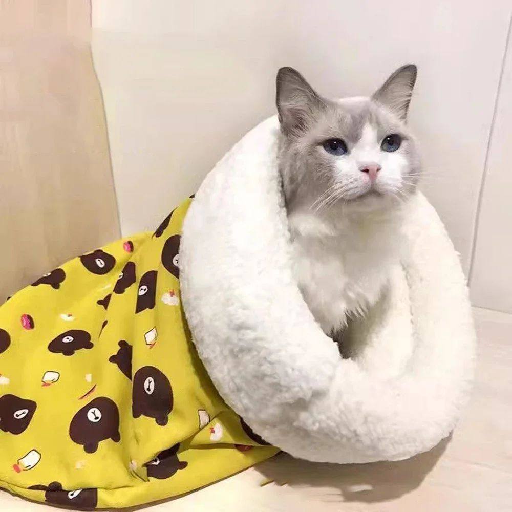 Warm enclosed cat sleeping bag bed, photo from another angle