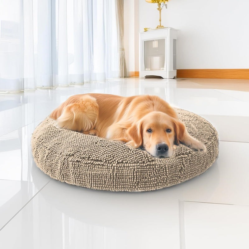 Grey round chenille cat bed with non-slip base