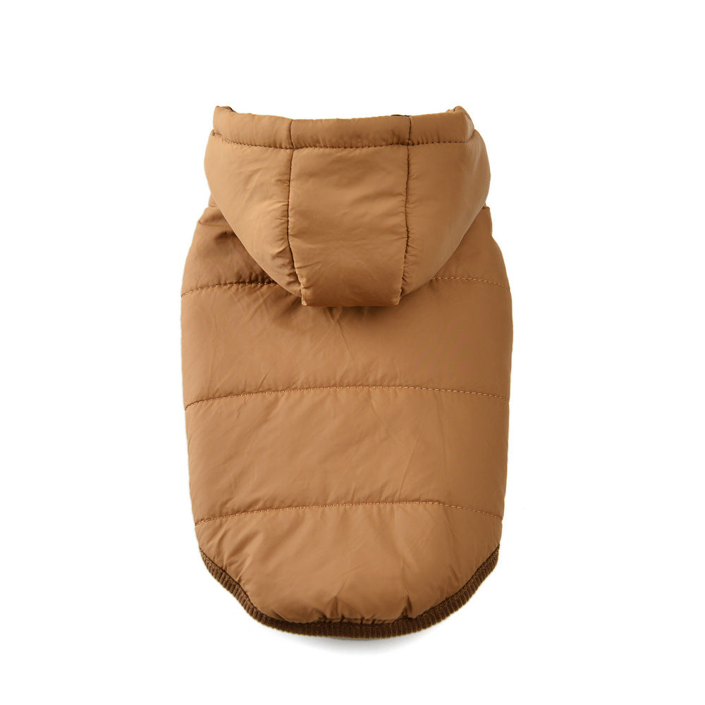 Small dog in a black hooded fleece lined vest jacket
