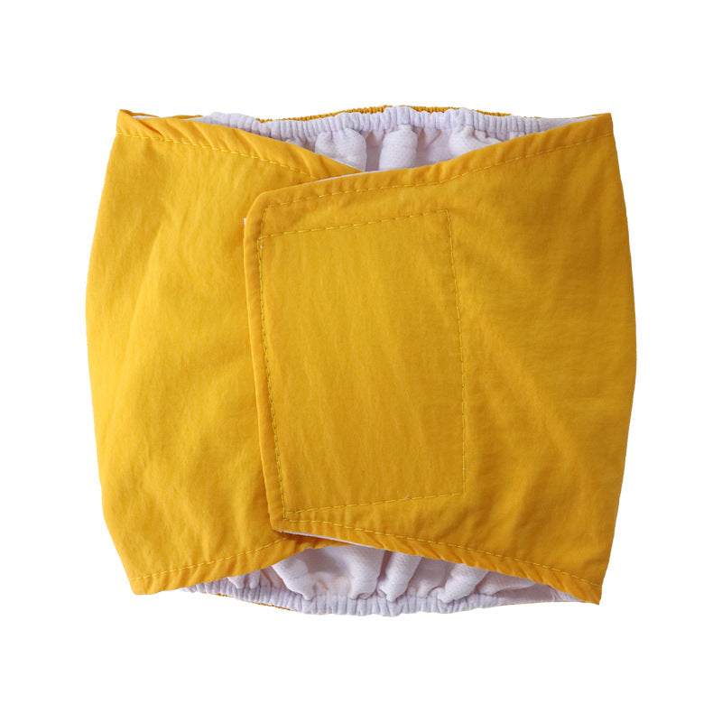 Reusable dog hygiene pants with hook and loop fastening, showing size and shape