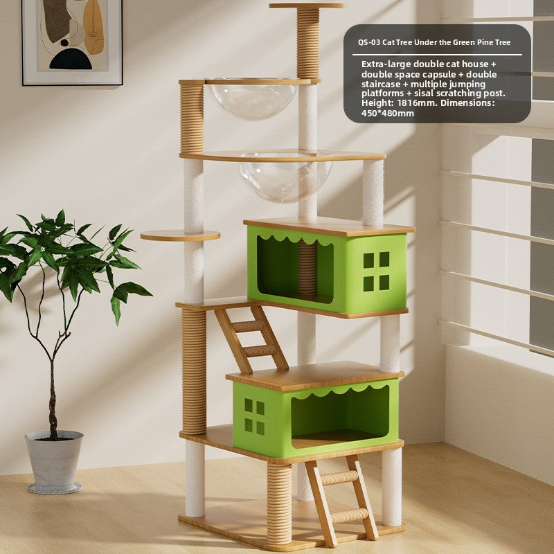 Pine green multi-level cat climbing tower with sleeping pods, photo 8