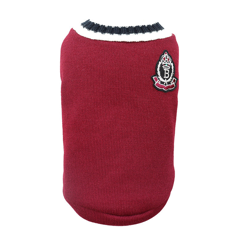 Knitted preppy V-neck pet jumper vest in Student Blue, in use with a pet