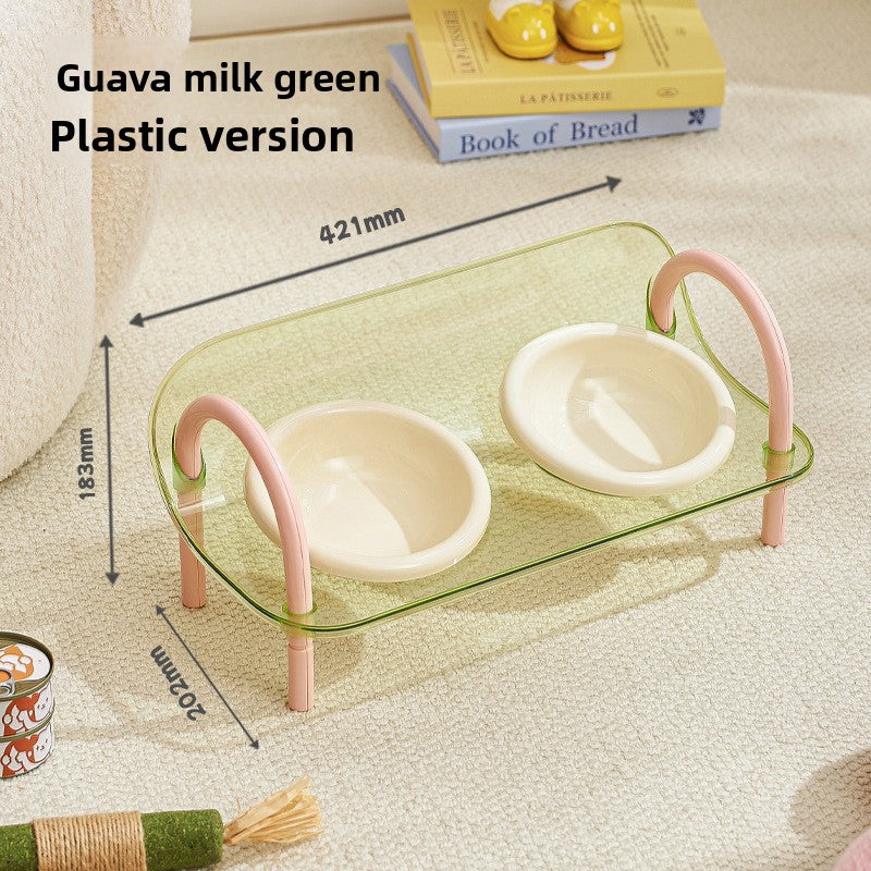 Anti-Spill Elevated Double Pet Bowl in Plastic or Ceramic with Neck Protection