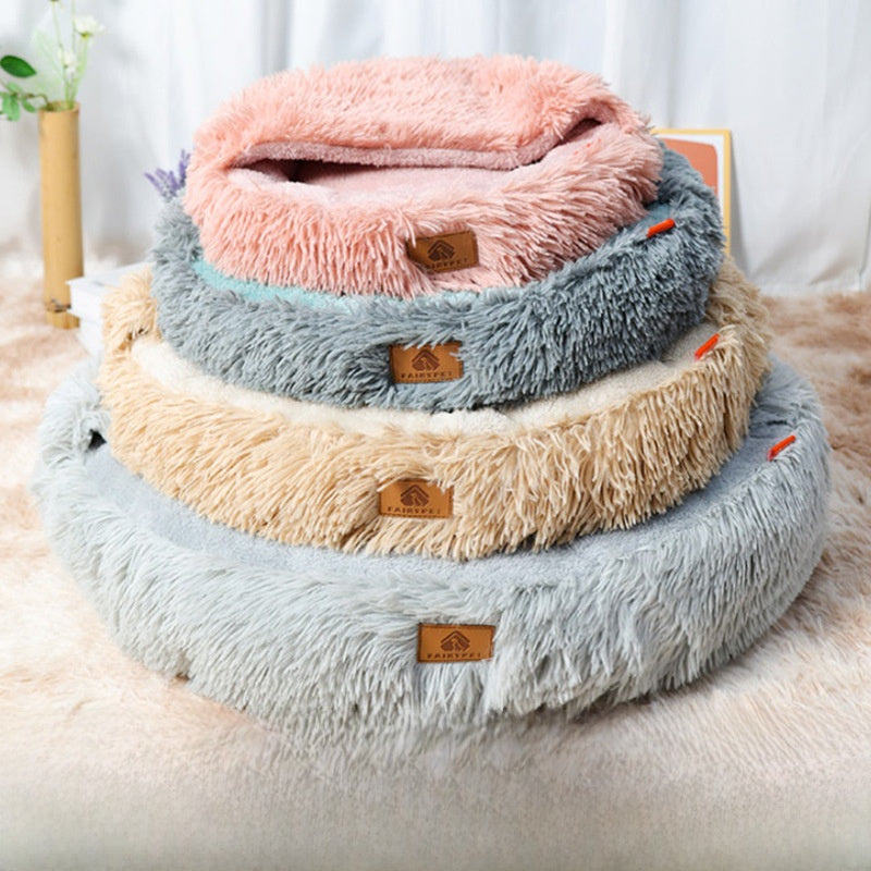 Round plush pet bed for dogs and cats, donut nest, view 1