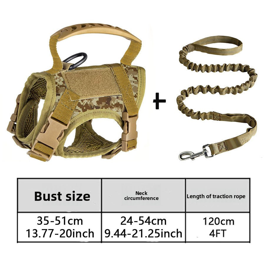 Tactical style vest harness in camouflage on a small dog