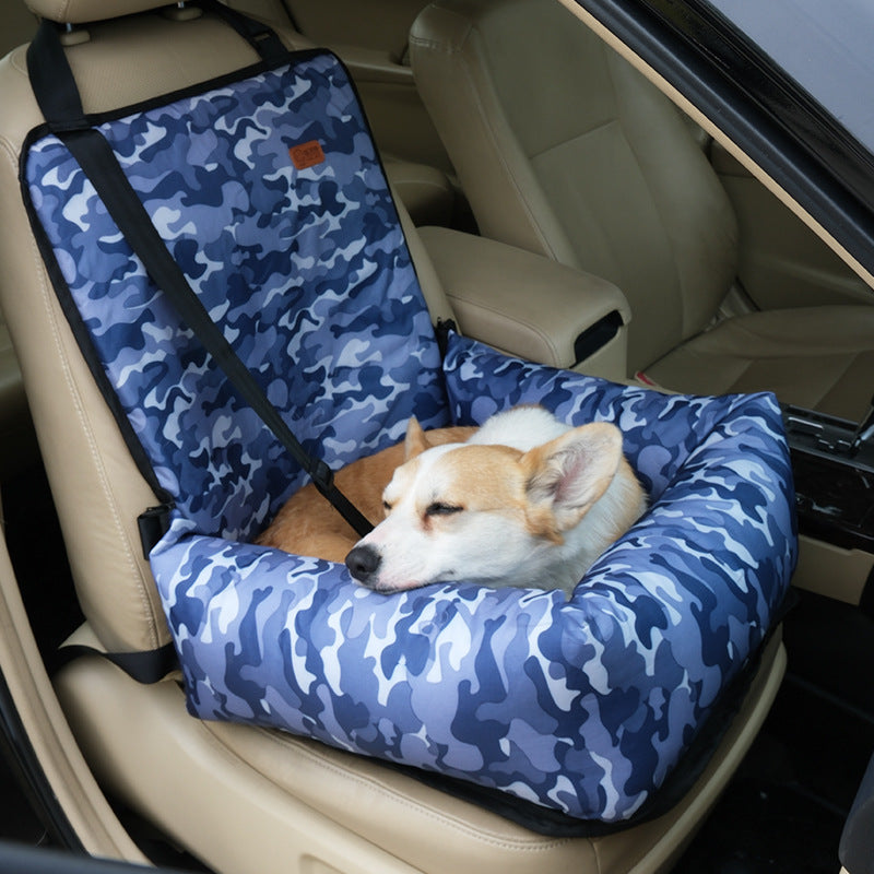 Removable dog car seat cushion in blue stripe cotton linen