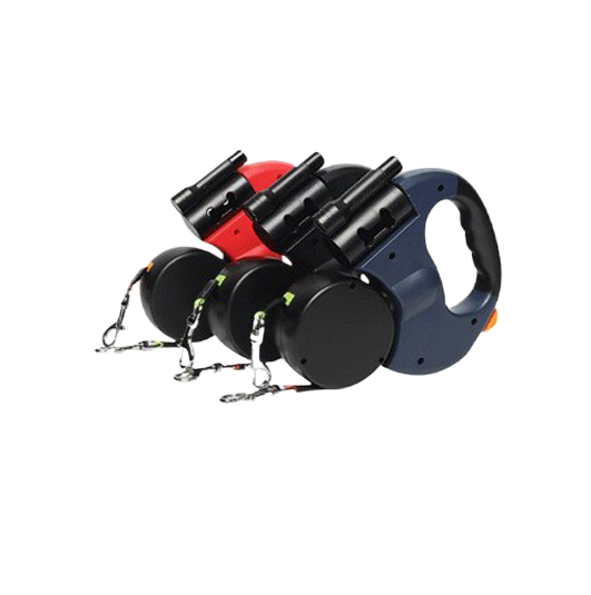 Dual head retractable lead for walking two dogs with bag holder
