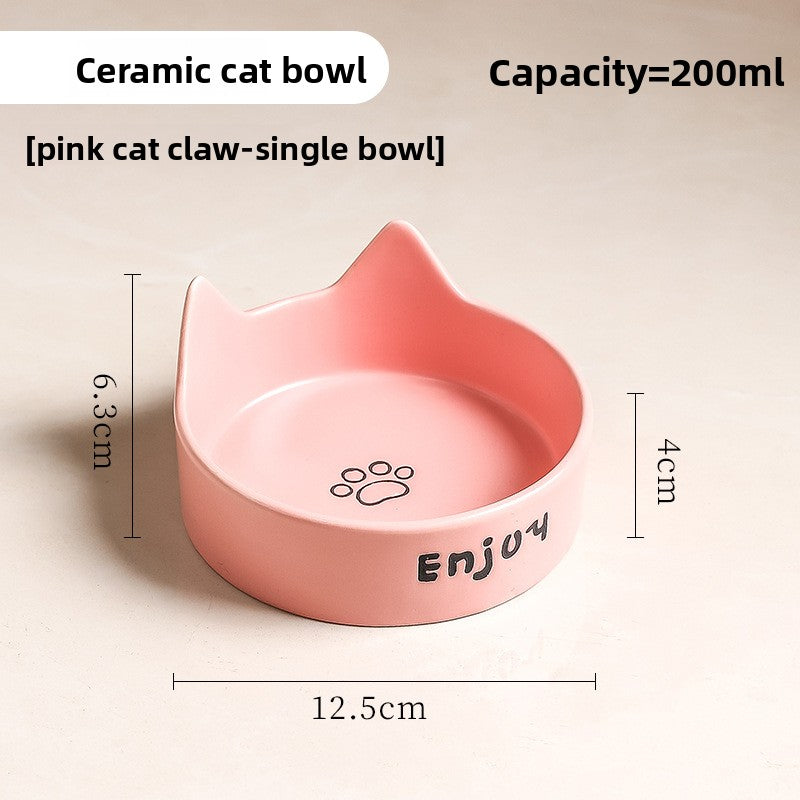 Anti-Spill Ceramic Pet Bowl with Wooden Stand and Cat Ear, Paw or Fish Bone Design