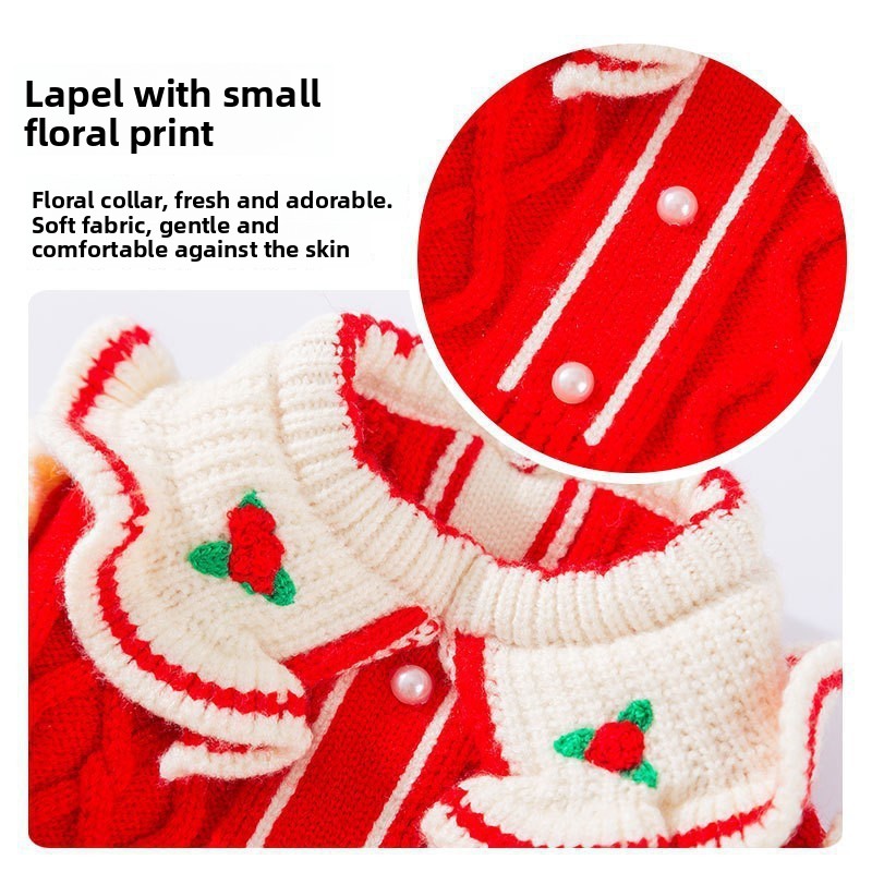 Strawberry knit pet jumper dress with cute flutter sleeves