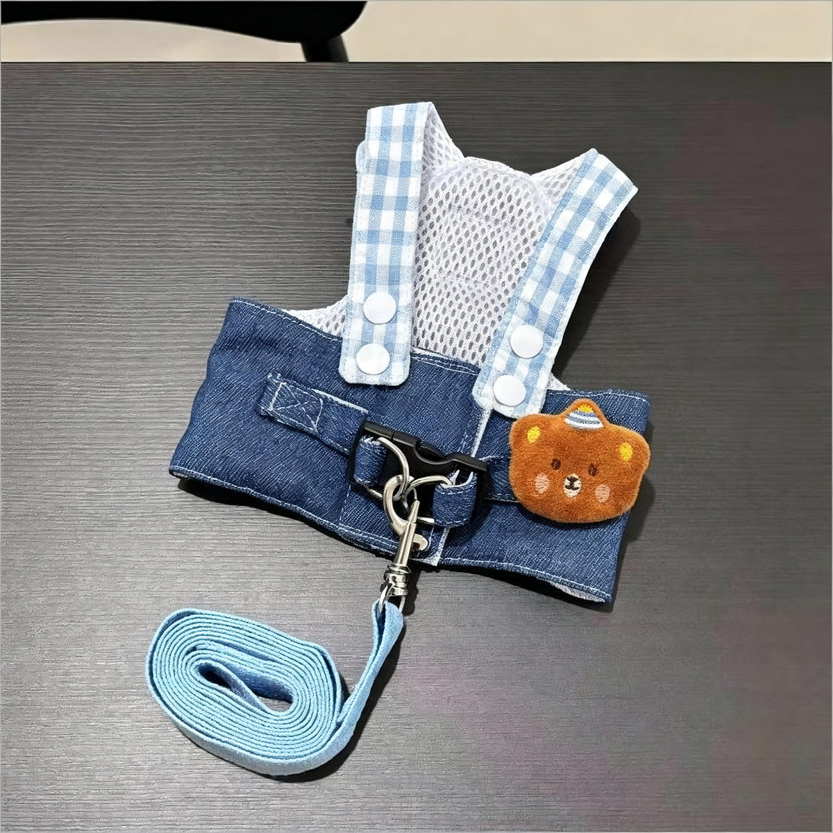 Denim and check pet harness and hat set, ideal for everyday use
