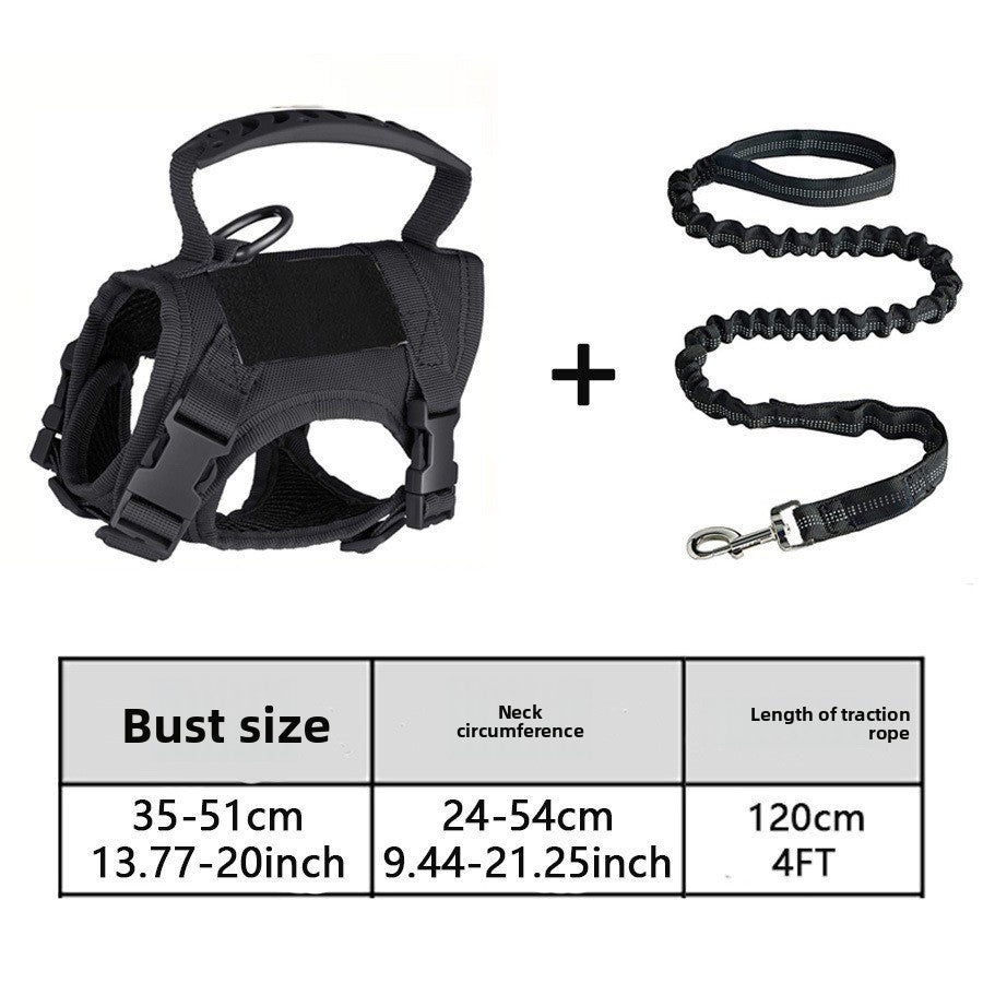 Black tactical cat harness with matching lead for outdoor walks