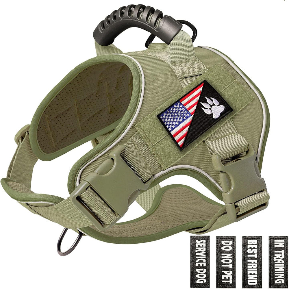 Military green tactical dog vest harness with adjustable straps