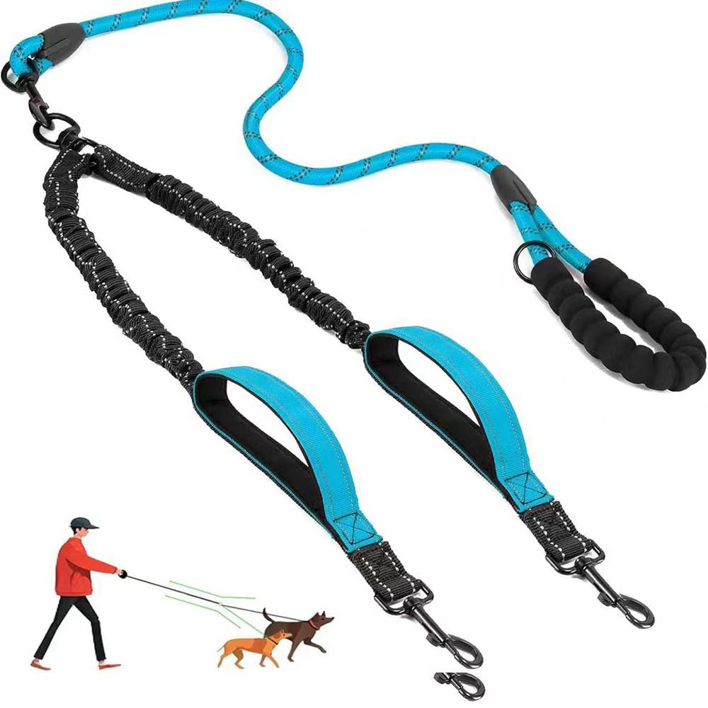 Tangle free two dog lead with poo bag holder in orange
