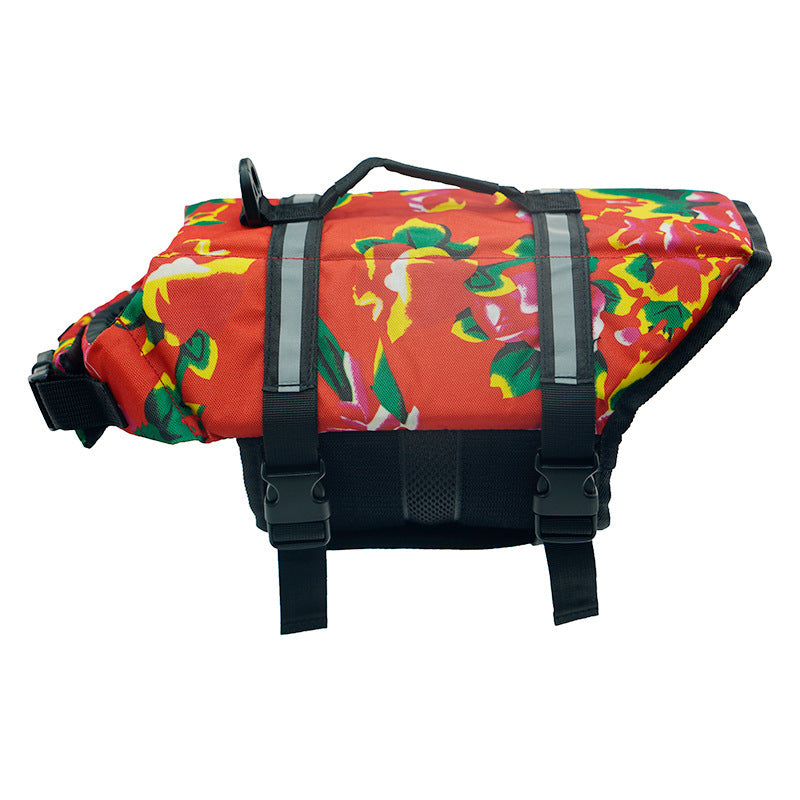 Dog life jacket swim vest with adjustable straps in floral print, view 5