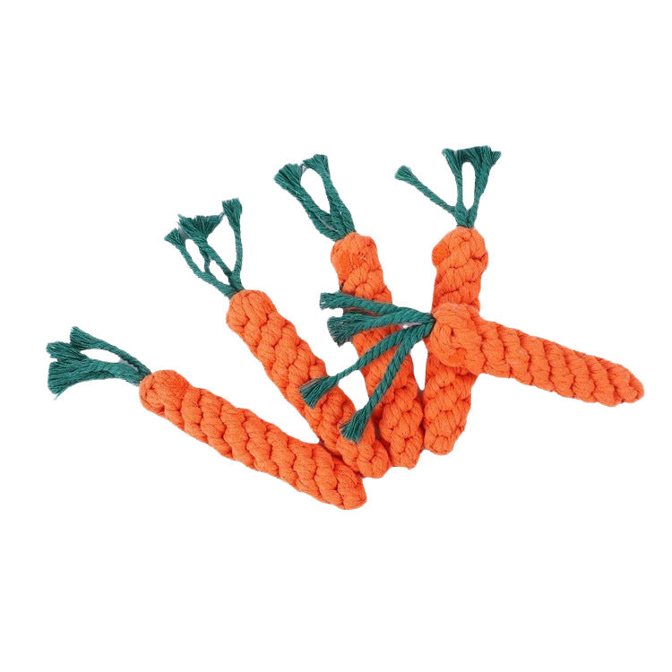 Assorted knotted cotton rope dog toys in sixteen fun designs