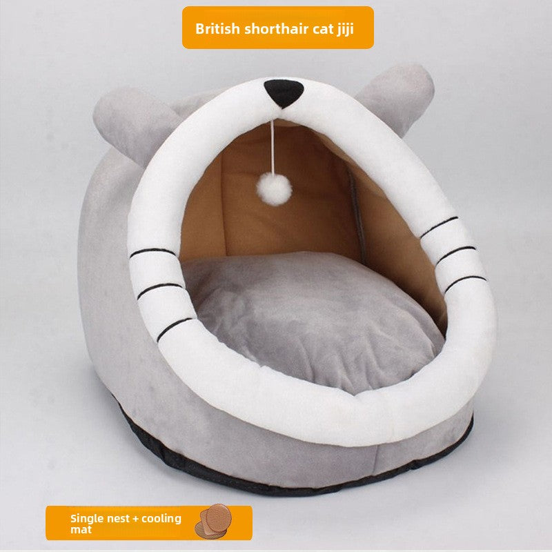 Removable washable grey cat house with cat face in Grey with Cooling Mat