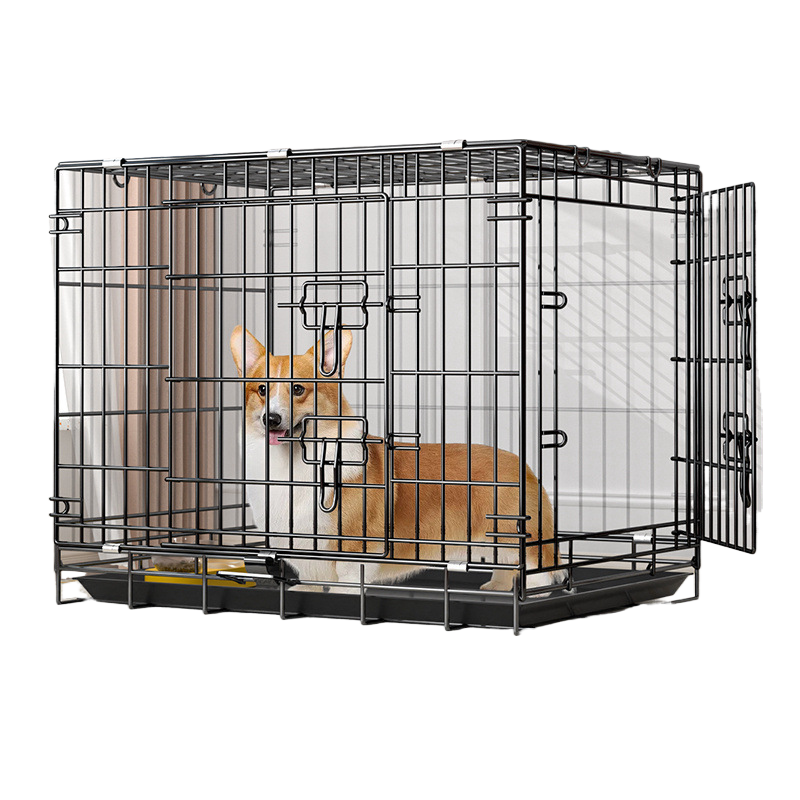 Black foldable wire dog crate with divider panel