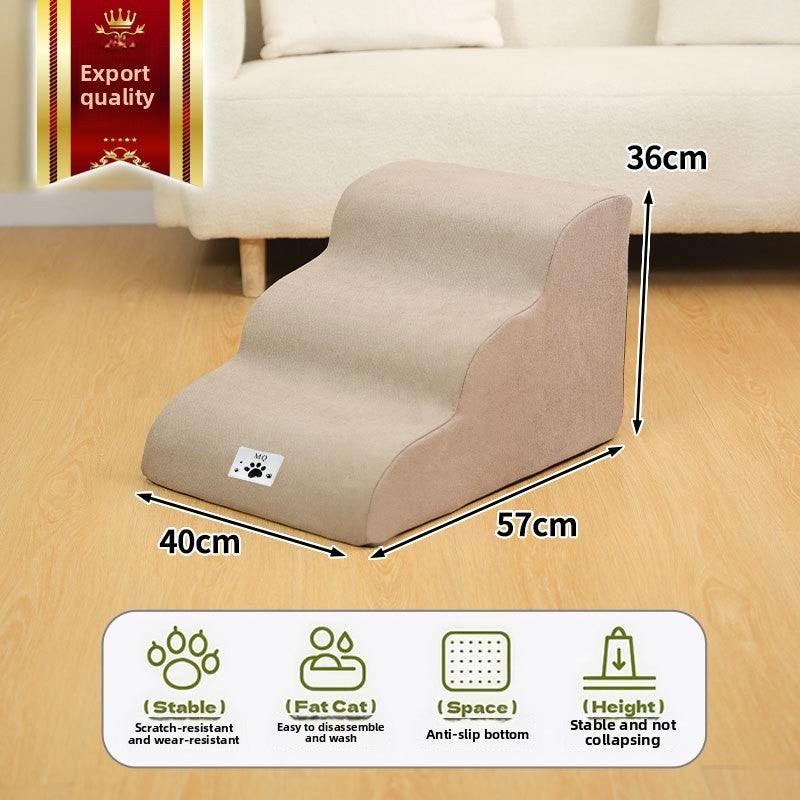 Small dog using non-slip foam steps to reach a sofa