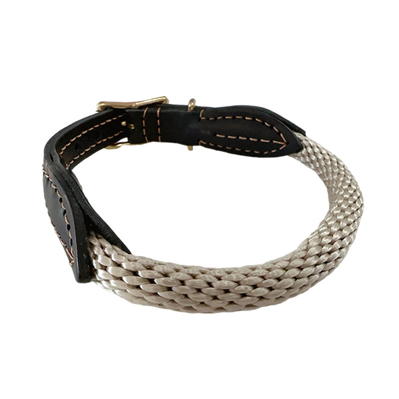 Khaki leather and nylon dog collar with metal buckle, product image 3