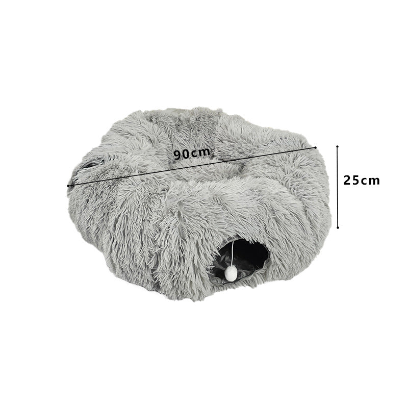 Grey donut tunnel plush cat bed with hanging ball, view 2
